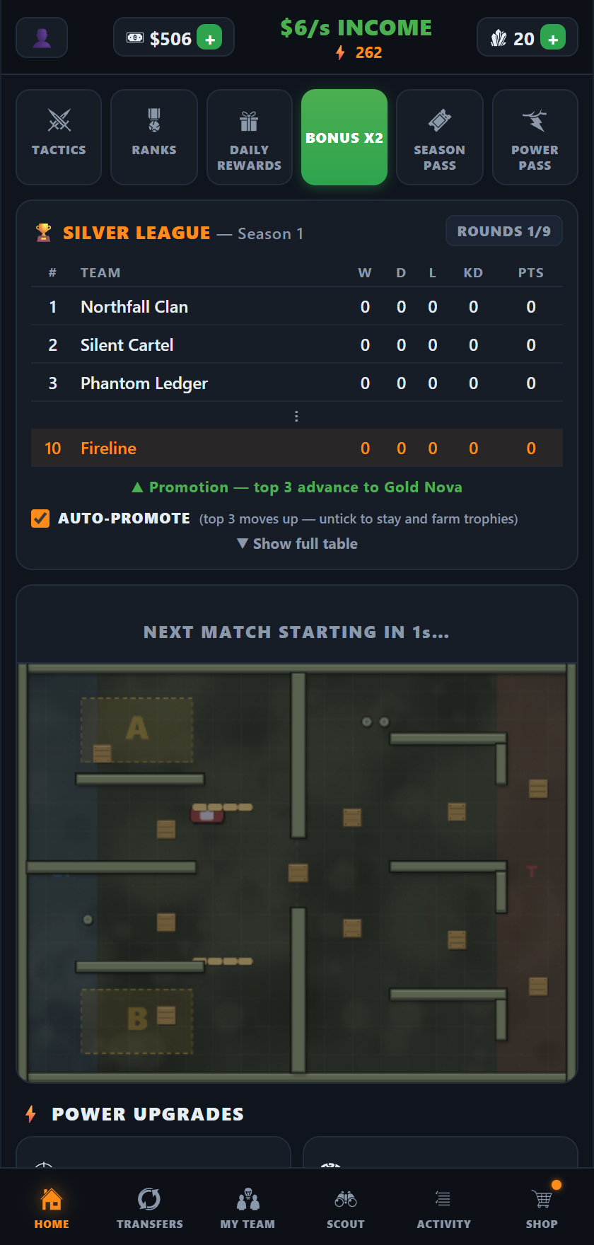 Strike-Command home screen with league table and live match