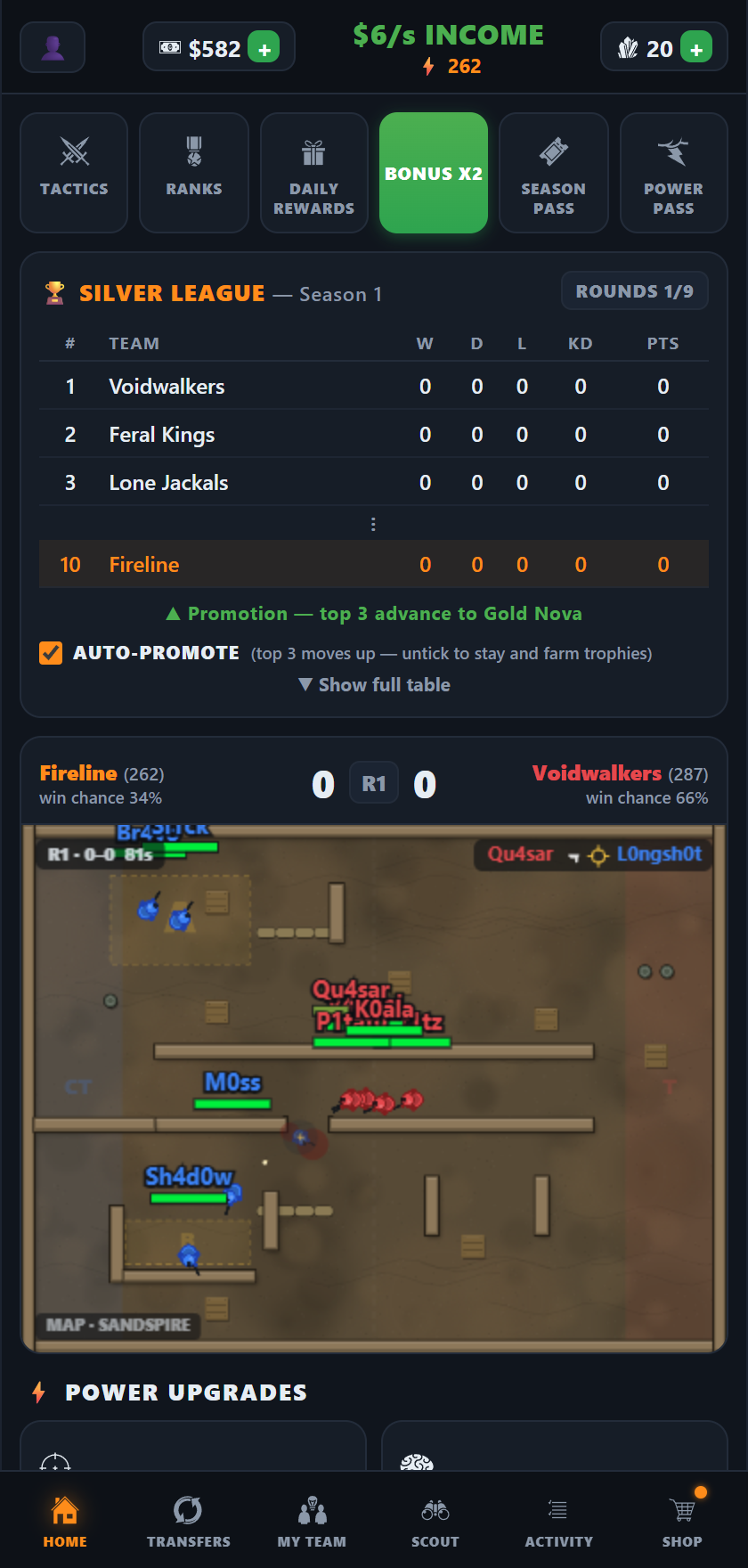 Live 5v5 match simulation on the Sandspire map