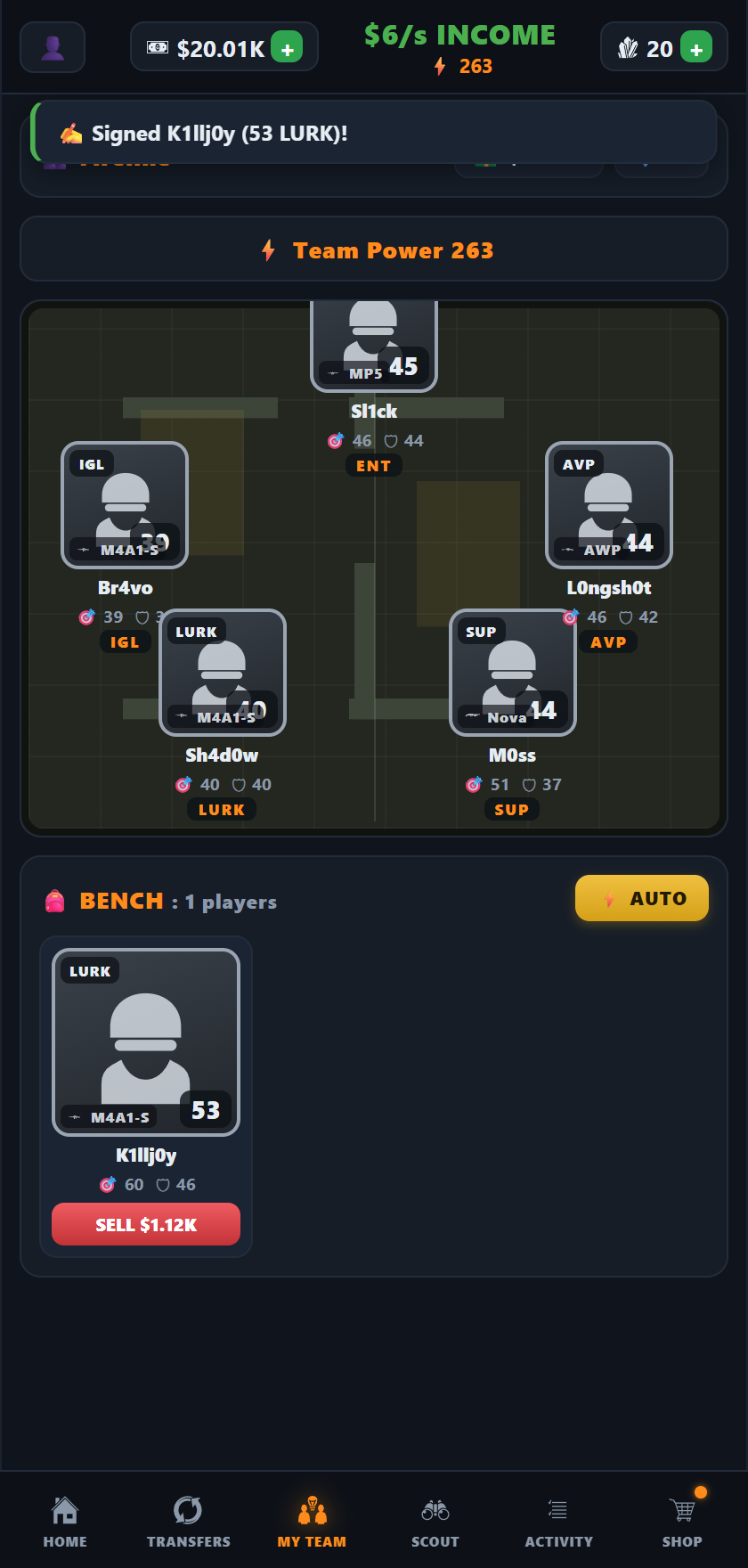 Team formation screen with player roles and weapons